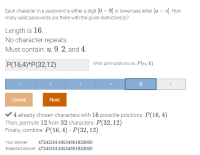 a single exercise in a math textbook, regarding permutations of a string of characters and the number of valid passwords within